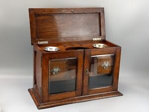 Antique Desk Top Oak Smokers Compendium Cabinet With Bevelled Glass Door