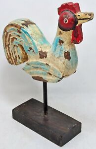 Hand Carved Hard Wood Rooster Figurine On Stand Hand Painted