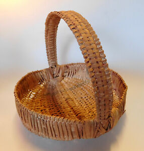 Antique Primitive Splint Oak 10 Round Handled Tray Basket Traces Of Old Paint