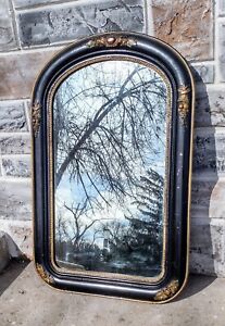 Antique Victorian Black Gold Arched Top Fruit Berry Wood Gesso Wall Mirror