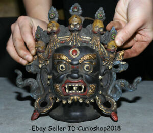8 Old Tibet Buddhism Bronze Painting Mahakala Wrathful Deity Face Mask Hanging