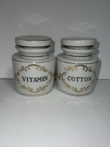 Vintage Porcelain Vitamin Cottonapothecary Jar W Lid And Gold Trim 