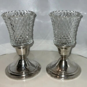 Vtg Pair Mint Heavysterling Silver Candle Stick Holders W Crystal Peg Lights