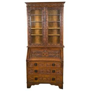 Antique Oak Carved Slant Top Secretary Bookcase Desk 22005