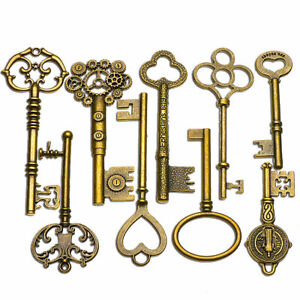 9pcs Diy Making Lock Keys Large Antique Vintage Old Brass Skeleton Lot Hot New