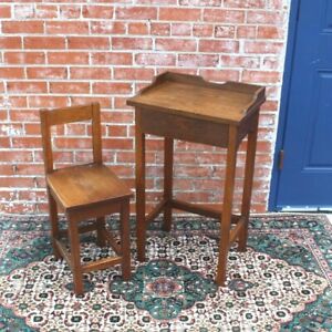 English Antique Oak Arts Crafts Baby Desk And Chair