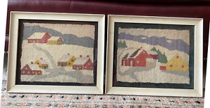 Pair Of Framed Antique American Folk Art Hooked Rugs Farmhouse Winter Landscapes