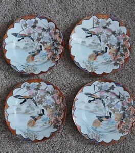 4 Antique Kutani Japanese Tea Plates Hand Painted Flowers Geese