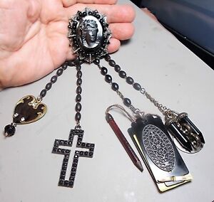 Antique Mourning Chatelaine On Black Cameo Acorn Cloak Button Cross Notepad