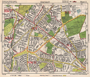 Nw London Finchley Church End Mill Hill Hampstead Garden Surburb Bacon 1948 Map