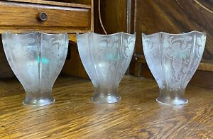 3 Lovely Antique Victorian Cherub Acid Etched Gas Oil Shades Sconces Lamps