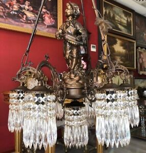 Antique French Crystal Chandelier Pendant Lamp With Baroque Moreau Statue Lamp