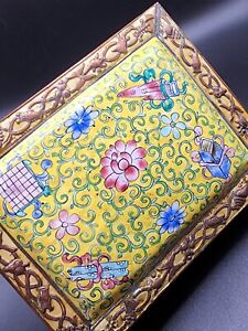 Early Vintage Chinese Yellow Glass Enamel Brass Hinged Jewelry Box