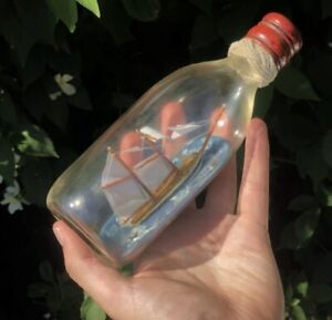 Handmade Ship In A Bottle Boat Vessel Glass Bottle Sculpture Diorama Model