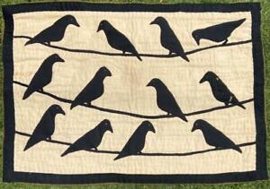 Crow Birds On Wire Quilt Hanging Folk Art Primitive Applique Wool Mystery Artist