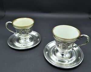 2 Antique Sterling Silver Demitasse Espresso Cups Saucers 1922 Moore Hofman