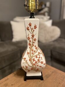 Vintage Chinese Cherry Blossom Porcelain Floral Table Lamp Hand Applied Flowers