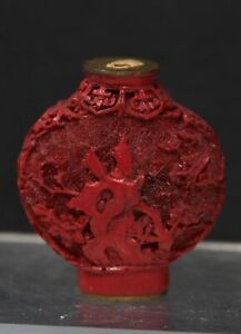 Vintage Chinese Hand Carved Red Cinnabar Snuff Bottle No Lid