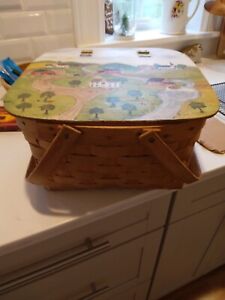 Vintage Wood Picnic Basket 2 Inserts Hand Painted Top Signed Buildings Usflag