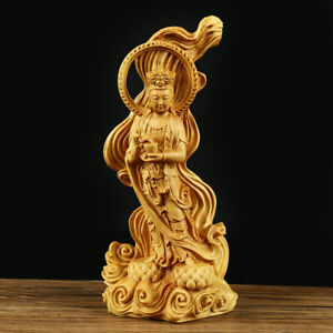 Chinese Boxwood Wood Hand Carved Avalokiteshvara Buddhism Kwan Yin Lotus Statue