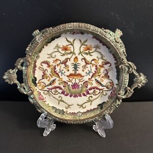 Antique Hand Painted Chinese Brass And Porcelain Footed Trinket Tray