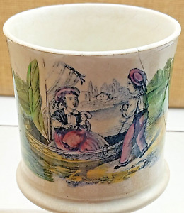 Antiq Staffordshire Victorian Nursery Cup Young Girl Doll Boat Boy Pulling Boat