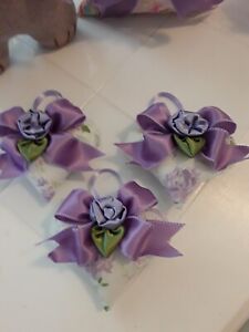 Set Of 3 Lavender Cabbage Roses Decorative Sweet Heart Ornament