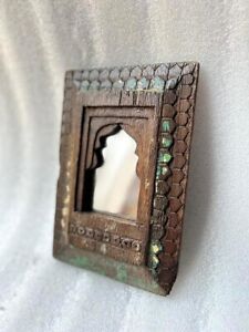 Antique Wooden Frame Mirror Fine Hand Carved Wall Hanging Jarokha Shape Mirror