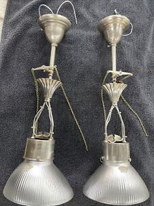 Antique Original Pair Hanging Pendant Nickel Plated Gas Lights Restored Wired