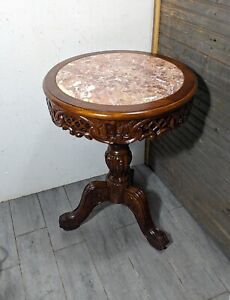 Vintage Asian Victorian Style Carved Fruitwood And Marble Round Pedestal Table