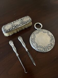 Antique Sterling Silver Vanity Set Mirror Brush Button Hook File British
