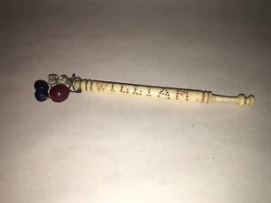 Antique Beaded And Bone Carved Bobbin Lace Sewing Tool William Red Blue