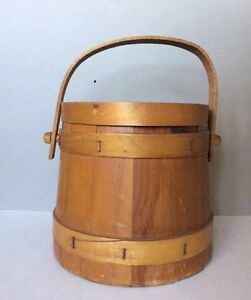 Primitive Vintage Wooden Painted Firkin Sugar Bucket Lidded 10 5 H W Handle