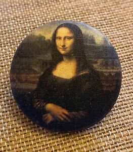 Vintage Large Silk Picture Lithograph Mona Lisa Button Metal
