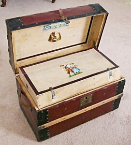 Rare Child S Antique Original Doll Or Toy Trunk Tray Brass Lock Lithos