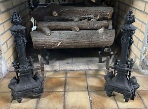 Antique Victorian Ornate Pair Of Cast Iron Fireplace Andirons