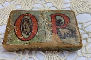 Antique Wood Block Toy O P And C D Paper Covering Owl Pig Donkey
