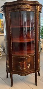 Earley 1900s Antique French Bow Glass Wood And Bronze Display Cabinit Vitrine