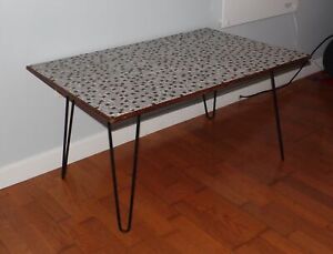 Vintage Industrial Mid Century Modern Mosaic Tile Coffee Table Iron Hairpin Legs