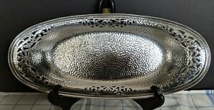 Vintage Meriden S P Co Hammered Silver Plate Oblong Bread Tray With Pierced 