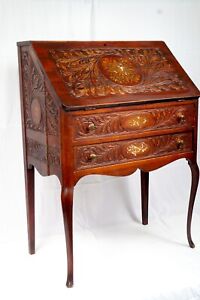 Gorgeous Antique French Style Engraved Secretary Mahogany Desk With Drawers