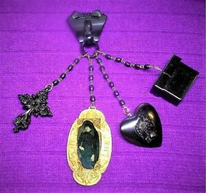 Chatelaine Black Mourning Bowed Brooch Tintype Cameo Heart Memoirs Cross Ooak