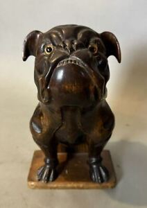 Antique English Carved Figural Bulldog W Glass Eyes Wall Hanging Brush Holder