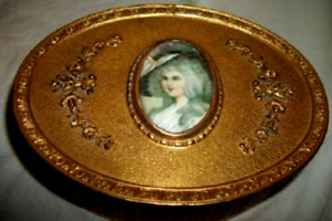 Antique Apollo Bronze Jewelry Casket Miniature Portrait Painting French Lady 20s