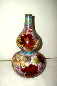 Vintage Cloisonne Double Gourd Vase Red Flowers Turquoise Lined Deco Designs