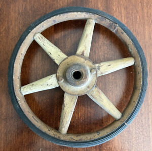 Wooden Wheel Rubber Tread Buggy Cart 6 Spokes 7 Inch Diameter Vintage