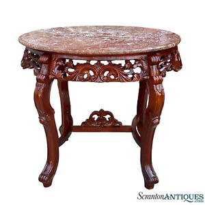 Vintage Victorian Heavily Carved Oval Red Marble Top Occasional Table