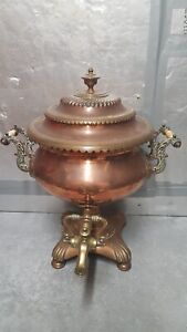 1870s Antique Samovar Copper Tea Pot Brass Spigot Ceramic Handles