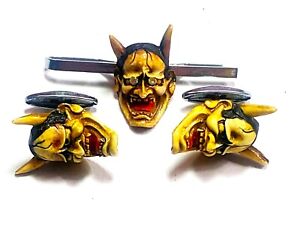 Japanese Hannya Oni Noh Demon Devil Mask Cuff Links Tie Clip 227