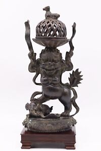 Chinese Antique Bronze Censor Incense Burner With Elephant And Lion